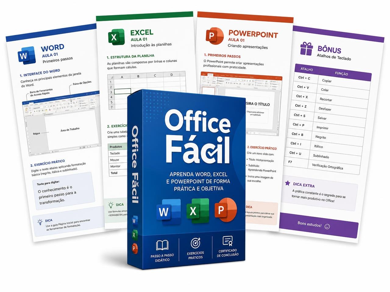 Kit Office Fácil com páginas de Word, Excel e PowerPoint